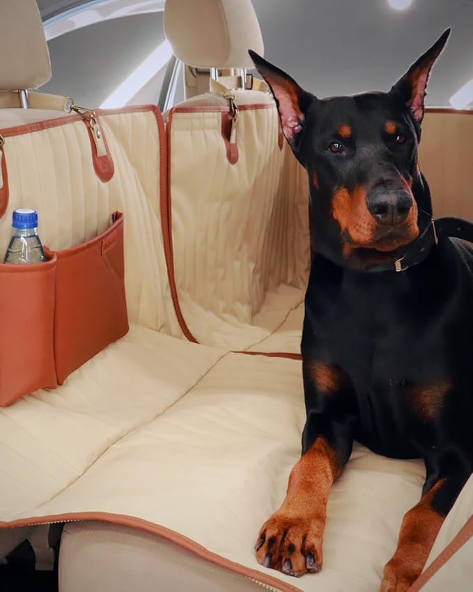 Owleys Back Seat Extender for Dogs Premium Dog Hammock for Car | Back Seat Pet Cover for Dogs | Dog Covers for Cars Back Seat (Begie for Summer)