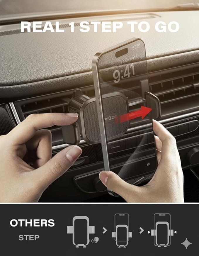 APPS2Car Car Phone Holder Mount - 3-in-1 Dashboard Windshield Air Vent - No Block Camera Thick Case - One Hand Adjustable 4.3”-6.3" Compatible for iPhone 17/16/15 pro max Samsung - Anti-UV Suction cup