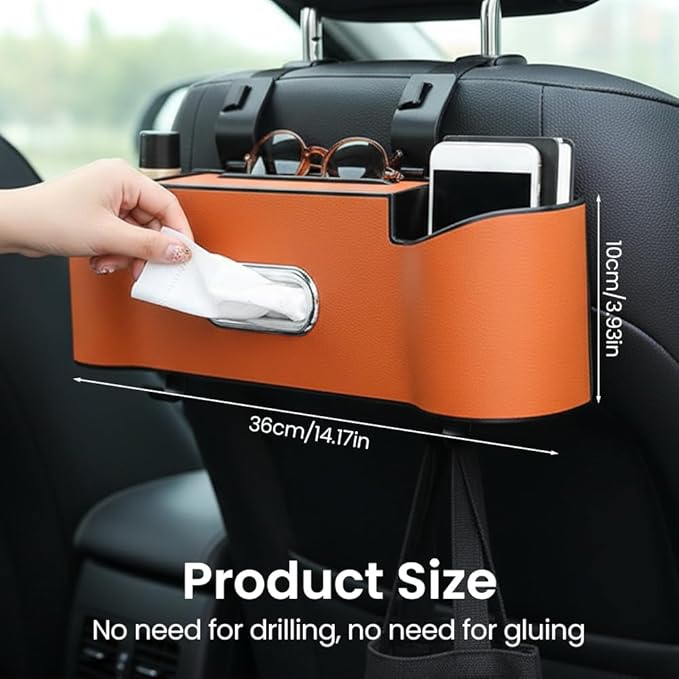 Back Seat Car Organizer with Cup Holder, 2026 New Backseat Car Organizer Back Seat, Multifunctional Car Seat Back Organizer Storage Box with Hooks & Tissue Box, for Drinks, Phone & Handbags (Orange)