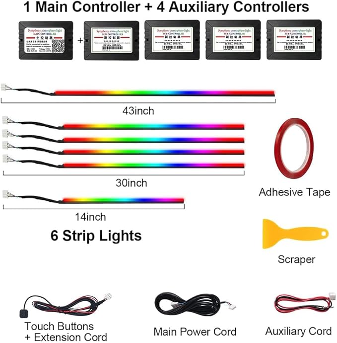 Acrylic Interior Car LED Strip Light, Dreamcolor 6-in-1 RGB Ambient Lighting with APP, 16 Million Colors 175in 600LED Music Sync Lights for Night Driving, Home, Camping & Gift Decor
