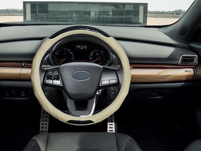 Car Steering Wheel Cover with Cup Coasters, Universal 15 inch Leather Carbon Fiber Steering Wheel Covers Comfort Grip Breathable Anti-Slip Steering Wheel Accessories for SUV Truck Van Auto - Beige