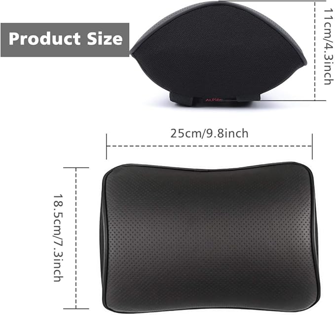 Aukee Car Headrest Pillow with Genuine Leather Cover Memory Foam Neck Cushion for Driving Home Office Black (Pack of 2)