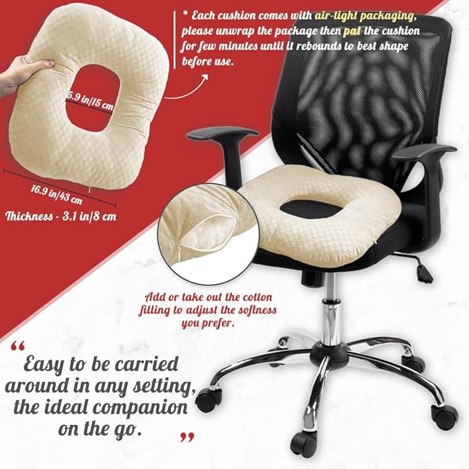 Stuffed Donut Pillow Seat Cushion | for Tailbone and Coccyx Pain, Hemorrhoids, Bed Sores, Pregnancy, Prostate, Surgery Recovery, Sitting Pressure Relief, for Home, Office and Car (Beige)