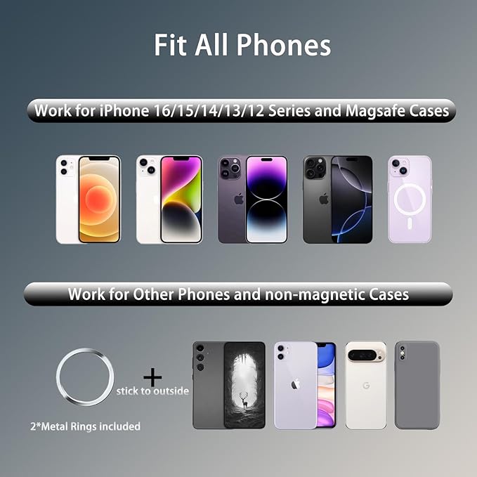 Vacuum Suction Magnetic Car Phone Holder Mount Fit All Phones,Adjustable Phone Holders for Your Car Home Office Smooth Surfaces,Metal Ring Stick Outside if Case Non-Magnetic (Upgraded)