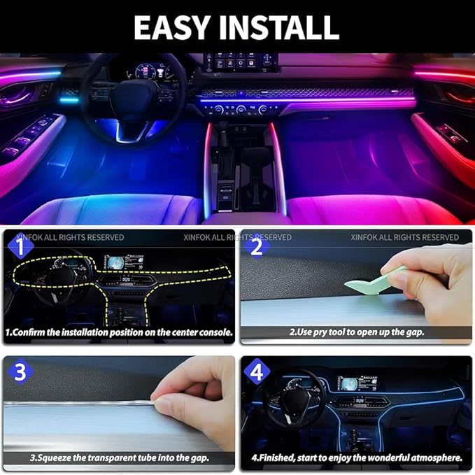 Ambient Lighting Car Led Lights Interior with APP, USB Powered Acrylic Neon Flexible Strip Fiber Optic LED Ambient Lighting kit,4 in 1 RGB Sound Active Music Lights Sync Car Decorations