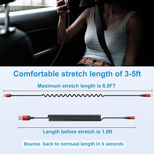 Coiled USB A to USB C Cable for Car 6FT 2Pack USB C Charger Cable Fast Charging Type C Charger Cord USB-C Cable Compatible with iPhone 17/16/15/Plus/Pro/Pro Max/Samsung Galaxy S23 A20 - Red