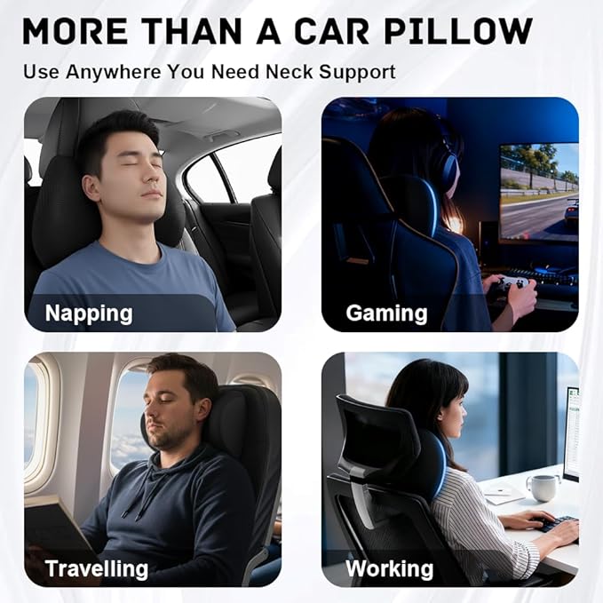 2Pack Car Neck Pillow - No Pressure & Odorless Memory Foam Car Headrest Pillow for Pain Relief, Ergonomic Support with Adjustable Strap & Breathable Removable Cover, Universal Fit(Black)