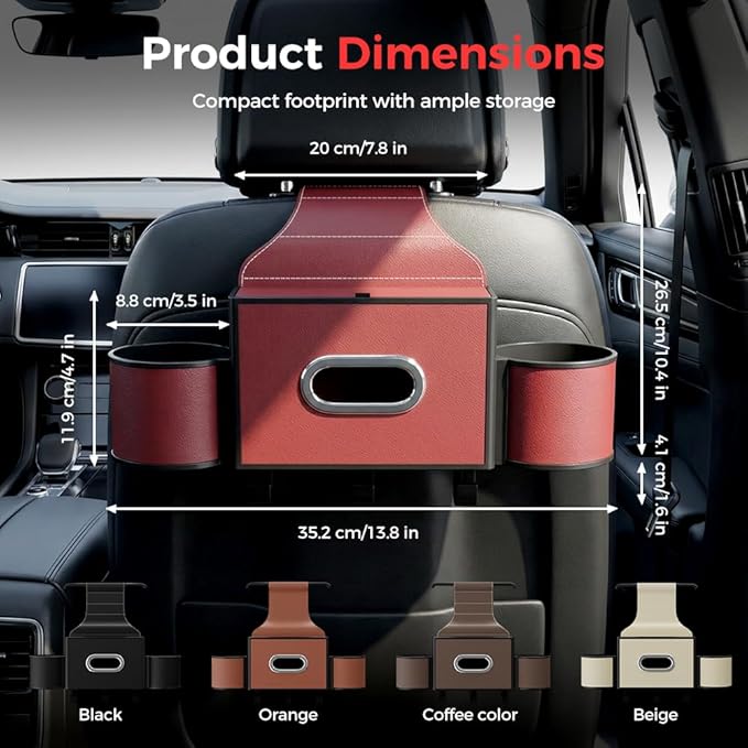 3-in-1 Car Backseat Organizer with Cup Holder, Tissue Box, Trash Bin & Hooks,Multifunctional Back Seat Car Organizer for Hold Phones, Snacks, Drinks, and Handbags (A- Red)
