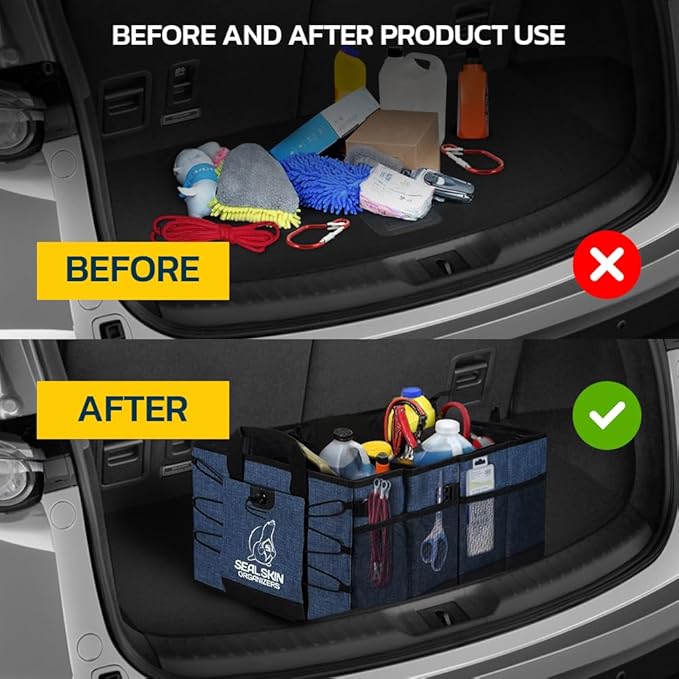 Seal Skin Covers Trunk Organizer for SUV, Car & Truck - Premium Heavy Duty & Collapsible with 3 Adjustable Size - Lightweight & Portable Storage Organizer - Easy to Use & Install in Any Vehicle - Blue