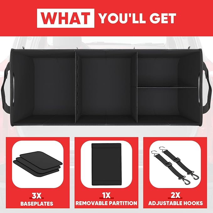 Simniam Large Trunk Organizer for Car, Foldable Multi Compartment Car Trunk Organizer with 2 Retractable Straps, Suitable for All Kinds of Cars, SUV, Minivan - 4 Compartments Red