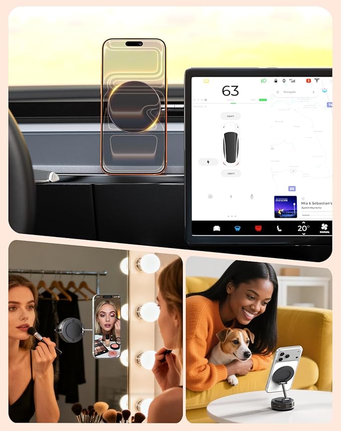 Meifigno Upgraded Cell Phone Holder for MagSafe, Magnetic Adjustable Car Phone Holder, Vacuum Suction Cup Phone Mount Compatible with iPhone 17 Pro Max and All Smartphones