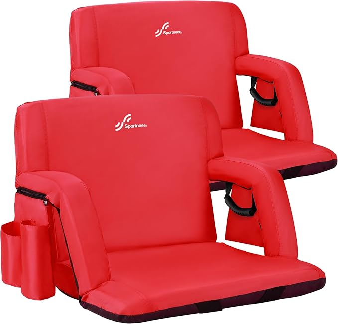 Sportneer Stadium Seats with Back Support: 2.5'' Thick Comfy Cushion 6 Adjustable Angle Bleacher Seat with Armrest - 2 Large Pockets, 2 Cup Holders Stadium Chair for Sport Events Concerts Parks