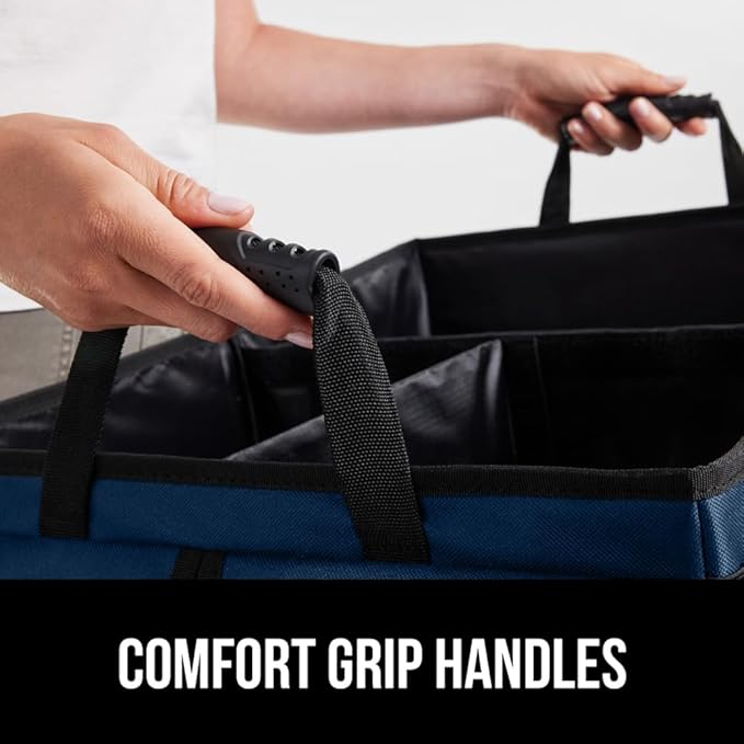 GORILLA GRIP Large Capacity Sturdy Trunk Storage Organizer, Slip and Water Resistant Collapsible Organization Container for Car Sedan or SUV, Multi Compartment Box Vehicle Accessories, Blue