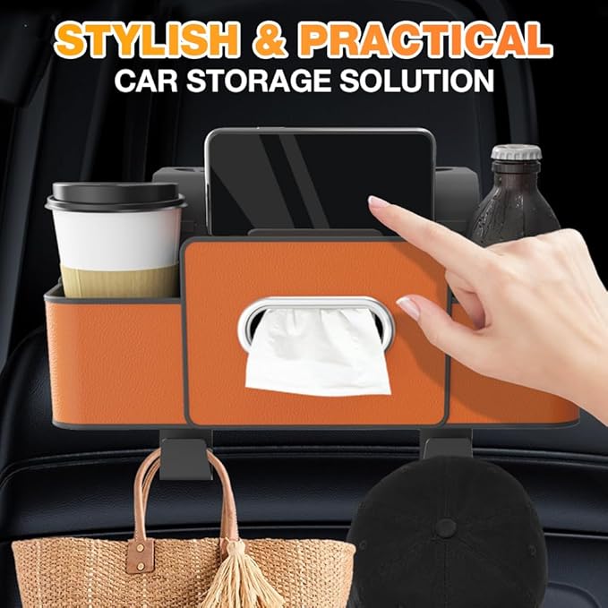 Back Seat Car Organizer,3-in-1 Car Backseat Storage Box with Cup Holder,Tissue Box,Trash Bin&Hooks,Multifunctional Waterproof Storage for Hold Phones Snacks Drinks Handbags (1, Brown)