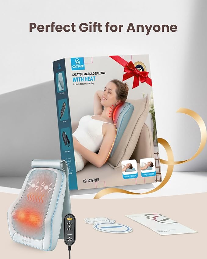 COMFIER Shiatsu Back Massager with Heat, Deep Kneading Neck & Back Massager, Adjustable Intensity Heated Massage Pillow for Shoulder, Lower Back, Lumbar, Gift for Men & Women