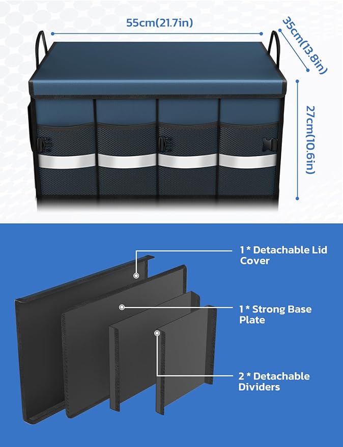 Oasser Car Trunk Organizer Collapsible Multi Compartments Trunk Organizer for SUV with Foldable Cover Reflective Strip (Standard, Blue)