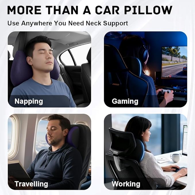 2Pack Car Neck Pillow - No Pressure & Odorless Memory Foam Car Headrest Pillow for Pain Relief, Ergonomic Support with Adjustable Strap & Breathable Removable Cover, Universal Fit(Purple)