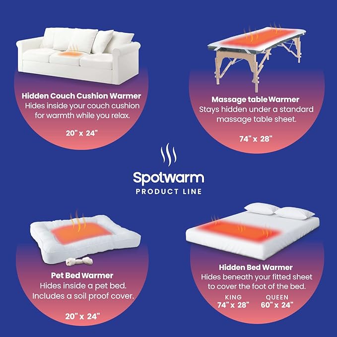 Hidden Heat Electric Couch Cushion Warmer by Spotwarm; Wireless RF Remote, Microplush Flannel Heated Seat, Single User Bed Warmer, Pet Bed Warmer - 17” by 20”