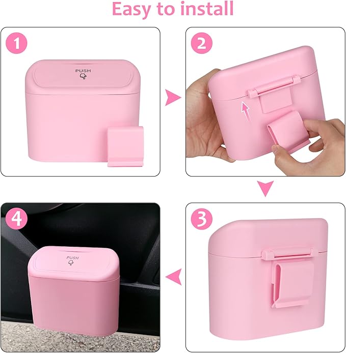 Accmor Car Trash Can with Lid, Vehicle Trash Bin Car Dustbin Garbage Organizer Holder with One Roll Trash Bag, Portable Hanging Mini Leakproof Cars Storage Bag Container for Auto, SUV, Office (Pink)