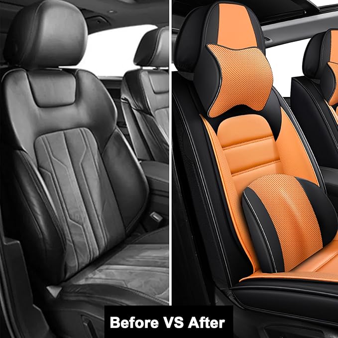 2 Car Seat Covers for Audi A4 2002-2026 Breathable Leather,Waterproof Car Seat Protectors with Comfort Headrest Pillows,Automotive Vehicle Cushion with Storage Pockets (Luxury,Orange)