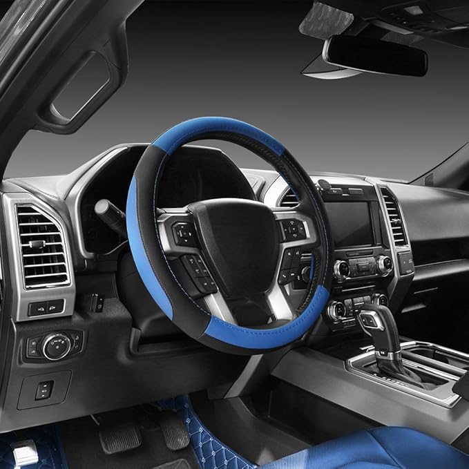 SEG Direct Car Steering Wheel Cover for F-150 Tundra Range Rover 15.5-16 inch, Black and Blue Microfiber Leather