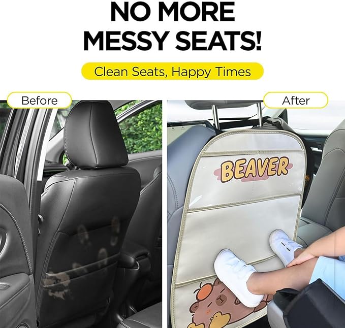 2-Pack kids Leather Car Backseat Organizer with Foldable Table Tray, Car Storage Organizer with Tablet Holder, Car Seat Back Protectors Kick Mats, Travel Accessories (Capybara)