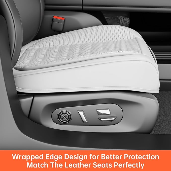 2 Pack Car Bottom Seat Covers, Luxury Leather Front Seat Covers, Breathable and Waterproof Automotive Bottom Seat Covers, Universal Anti-Slip Seat Covers Fit for Most Vehicles (White-2 PCS)