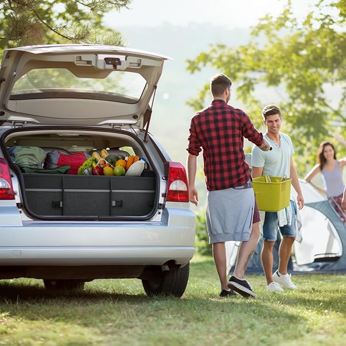Heavy-Duty Trunk Organizer & Multi-Compartment Storage Box for SUV/Sedan/Minivan,600D Waterproof Oxford,2 Securing Hooks & Reflective Strips-Large Capacity Organiser(92L)