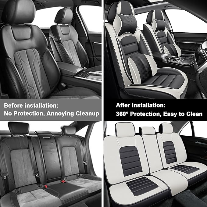 5 Car Seat Covers for Chrysler Pacifica 2004-2026 Breathable Leather,Waterproof Car Seat Protectors with Comfort Headrest Pillows,Automotive Vehicle Cushion with Storage Pockets (Luxury,Gray)