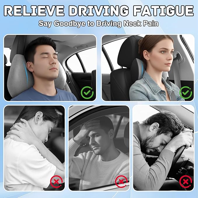 Arazi 2-Pack Car Headrest Pillow Memory Foam Car Neck Pillows for Driving with Adjustable Strap, Neck Support for Pain Relief, Breathable Removable Cover, Fit All Car Seats - Light Gray