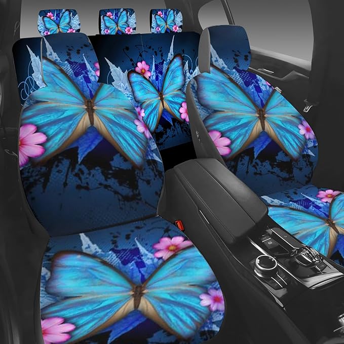 2 Pcs Premium Blue Butterflies Car Seat Cover, Breathable & Washable Car Seat Covers Full Sets, Fashionable Printed Seat Covers for Cars Interior, Universal Fit for Most Cars, Sedan, Truck, SUV