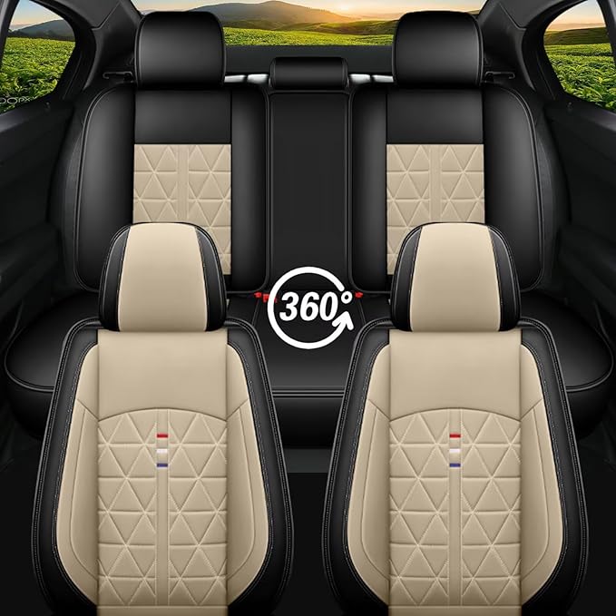 Seat Covers Full Set Fit for Kia Soul 2010-2023 2024 2025 Car Seat Covers Waterproof Leather Seat Cushion with Airbag Compatible (5 Seats, Black & Beige)