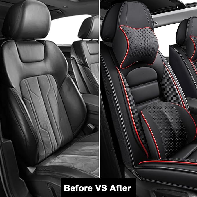 2 Car Seat Covers for Toyota Highlander 2001-2026 Breathable Leather,Waterproof Car Seat Protectors with Comfort Headrest Pillows,Automotive Vehicle Cushion with Storage Pockets (Luxury,RedLine)