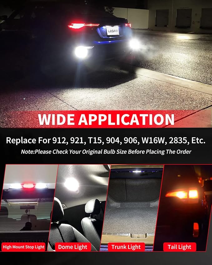 LASFIT 921 LED Bulb Reverse Light, 906 W16W 912 T15 LED, Non-polarity, 6000K White Bright Canbus Error Free, Back Up Light Replacement Cargo Lights for Car/Trunk, Pack of 2