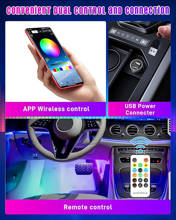 5.7FT LED Interior Light for Car, 48LEDs RGB USB Under Dash Lighting, Footwell Neon Internal Lights Kit, Smart APP and Remote Dual Control, Multicolor Music and Mic Mode