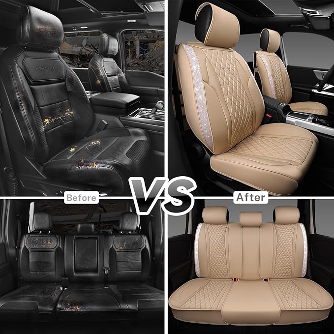 CAR PASS Beige Leather Bling Car Seat Covers Full Set, Luxury Microfiber Nappa PU Cushioned, Waterproof Anti-Slip Universal Fit for Auto SUV Sedan Sparkly Glitter Shining Rhinestone, Beige Diamond