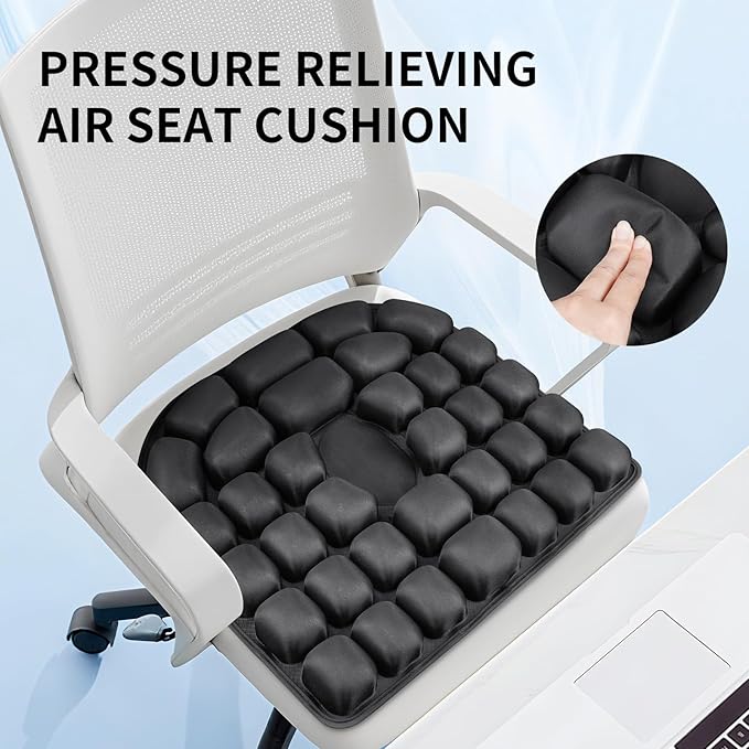 Airplane Seat Cushion - INFLATE/Deflate Built in Pump Inflatable Pad for Office Chairs, Wheelchairs, Car Seats & Outdoor Cushions 17.7x15.7 inches (Black)