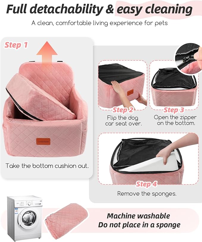 Dog Booster Car Seat for Small/Medium Dogs,Soft Puppy Portable Car Seat with Elevated Cushion,Fits in Front/Back Seat,Fully Detachable and Washable,Easy to Install (Pink, Medium)