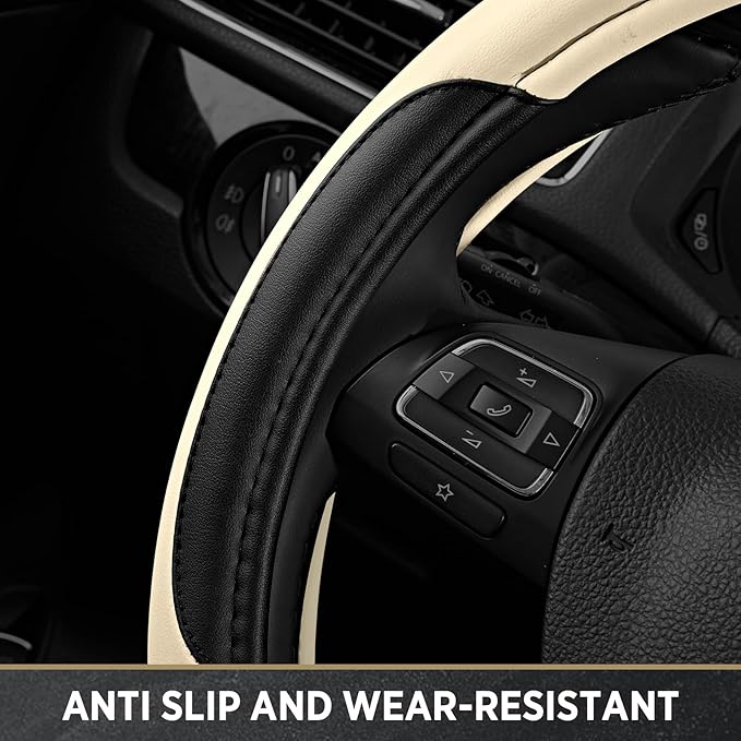 Road Comforts Leather Steering Wheel Cover - Made with PVC Leather - Anti-Slip, Universal Fit 14 1/2 inches to 15 inches - Milky White