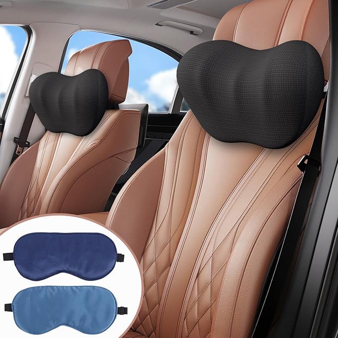 2 Pack Car Headrest Pillow, Comfy Head Rest Pillow for Car, 100% Memory Foam Car Neck Pillow for Driving - Universal Fit Travel Car Pillow for Pain Relief While Driving(Comes with 2 Eye Masks)
