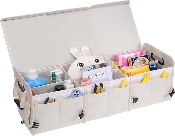 Car Trunk Organizer with Lid Storage Collapsible Multi Compartment Adjustable Straps for SUV, Truck, Sedan(Beige) XL