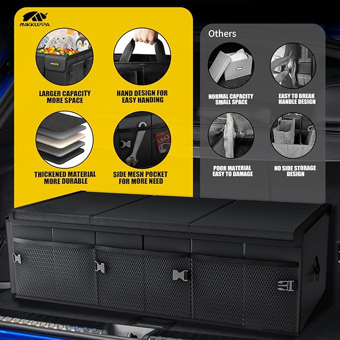 MIKKUPPA Car Trunk Organizer with Cooler - 95L Collapsible Trunk Organizer with Lid, Trunk Storage Organizers for SUV Truck Van with Adjustable Straps and Non Slip Bottom (Black, X-Large with Cooler)