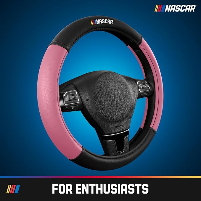 NASCAR Steering Wheel Cover, Two-Tone Pink Leather Patchwork, Universal Fit 14.5"-15.5" Steering Covers for Cars, Anti-Slip, Soft Grip, Odor-Free, Trucks & SUVs, Racing Style Interior Upgrade