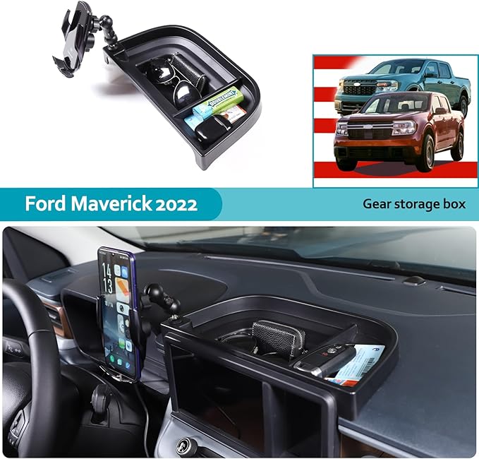 CHEAYAR Dashboard Storage Box Fit for Ford Maverick 2022, ABS Dash Panel Tray Organizer, Dash Tray Phone Holder Mount with Storage Box, Dash Center Console Table Storage Tray (Wireless charging)