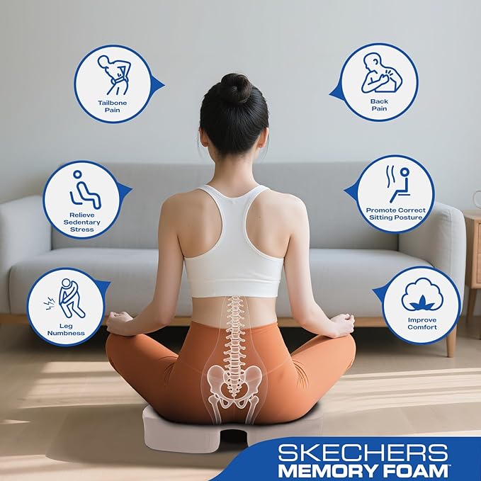 Skechers Seat Cushion, Ergonomic Memory Foam Cushion for Long Sitting Hours on Office & Home Chair, Car Seat Cushion for Sciatica, Coccyx Cushion,Beige