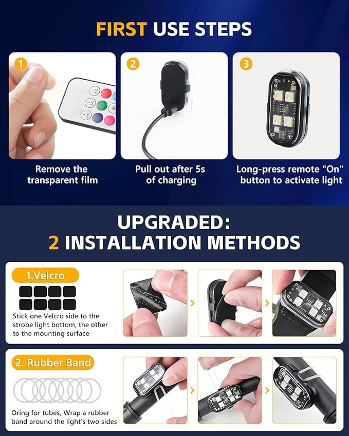 Upgrade 8PCS Wireless 4-LED Strobe Lights with Remote, 8 Colors Waterproof Aircraft Strobe Lights, Type-C Rechargeable LED Warning Light for Motorcycle Bike Drone Aircraft Car New Year