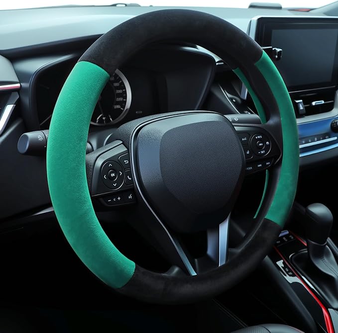 SEG Direct Steering Wheel Cover for Car, Standard Size 14.5-15 inch, Auto Interior Accessories, Warm Plush, Summer Winter, Black and Forest Green
