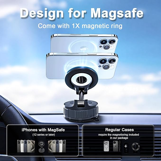 Magnetic Car Phone Holder for MagSafe, 120+ LB Suction Cup & 2800gf Magnetic Force, 360° Adjustable Mount for iPhone Pro Max/Plus & MagSafe-Compatible Android Phones (CHH12)