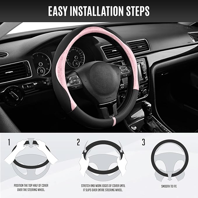 PIC AUTO Steering Wheel Cover, Pink Patterned & Black Leather Patchwork Design, Universal Fit 14.5"–15.5", Anti-Slip, Odor-Free, Soft PU Grain Leather, Durable Grip Car Accessory for Girls & Women