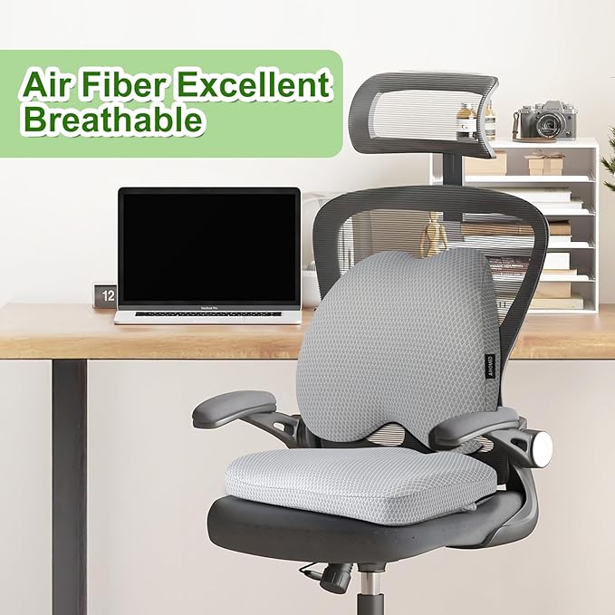 Air Fiber Office Chair Cushion - Ergonomic Seat Cushion for Orthopedic Coccyx, Relief Hip & Back Support - Doctor Recommended Cushion for Long Sitting Worker Driver & Handicapped (Light Grey)